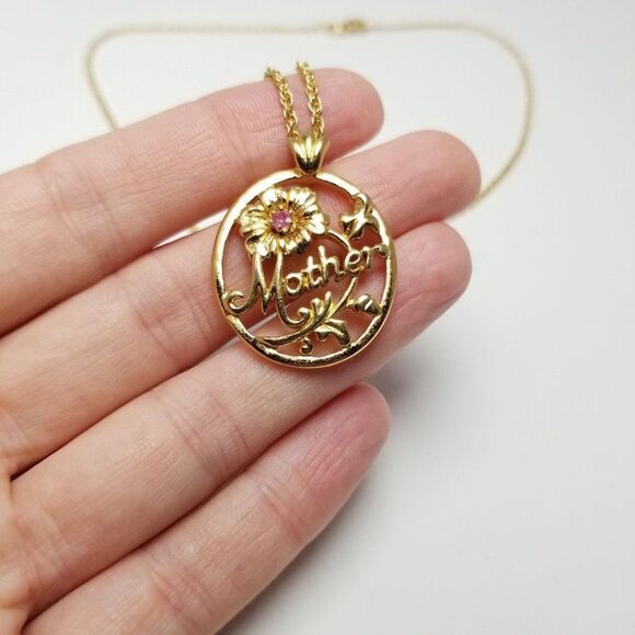 Vintage Mother Pendant Necklace, Floral Design Pink Rhinestone, Gold Tone Chain - Picture 7 of 7
